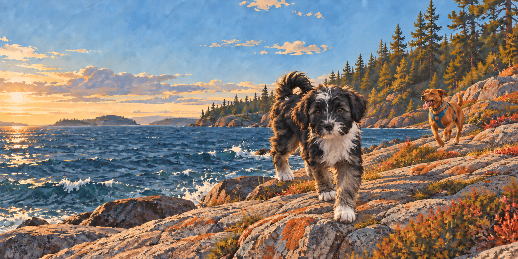 Illustration of Fergus, a shaggy black-and-white Tibetan Terrier, in the foreground with Roy, a reddish-brown dog in a blue harness, running along the rocky northern lakeshore behind him